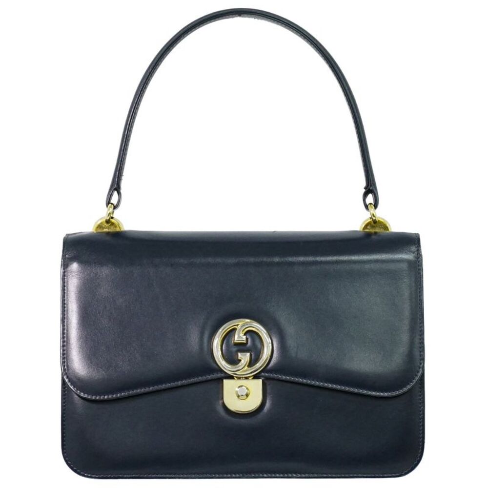 Gucci Vintage Top Handle Flap Leather With Chain Detail Navy Leather Handbag